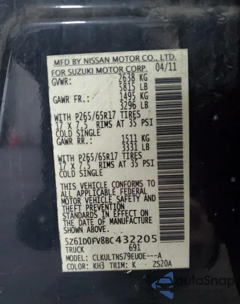 2011 Suzuki Equator Sport from USA, damaged, VIN 5Z61D0FV8BC432205